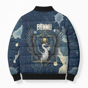 Bennu Ancient Egyptian Bomber Puffer Jacket with Deep Blue Ink Wash, Winged Bennu Bird and Soul of Ra - African Pride