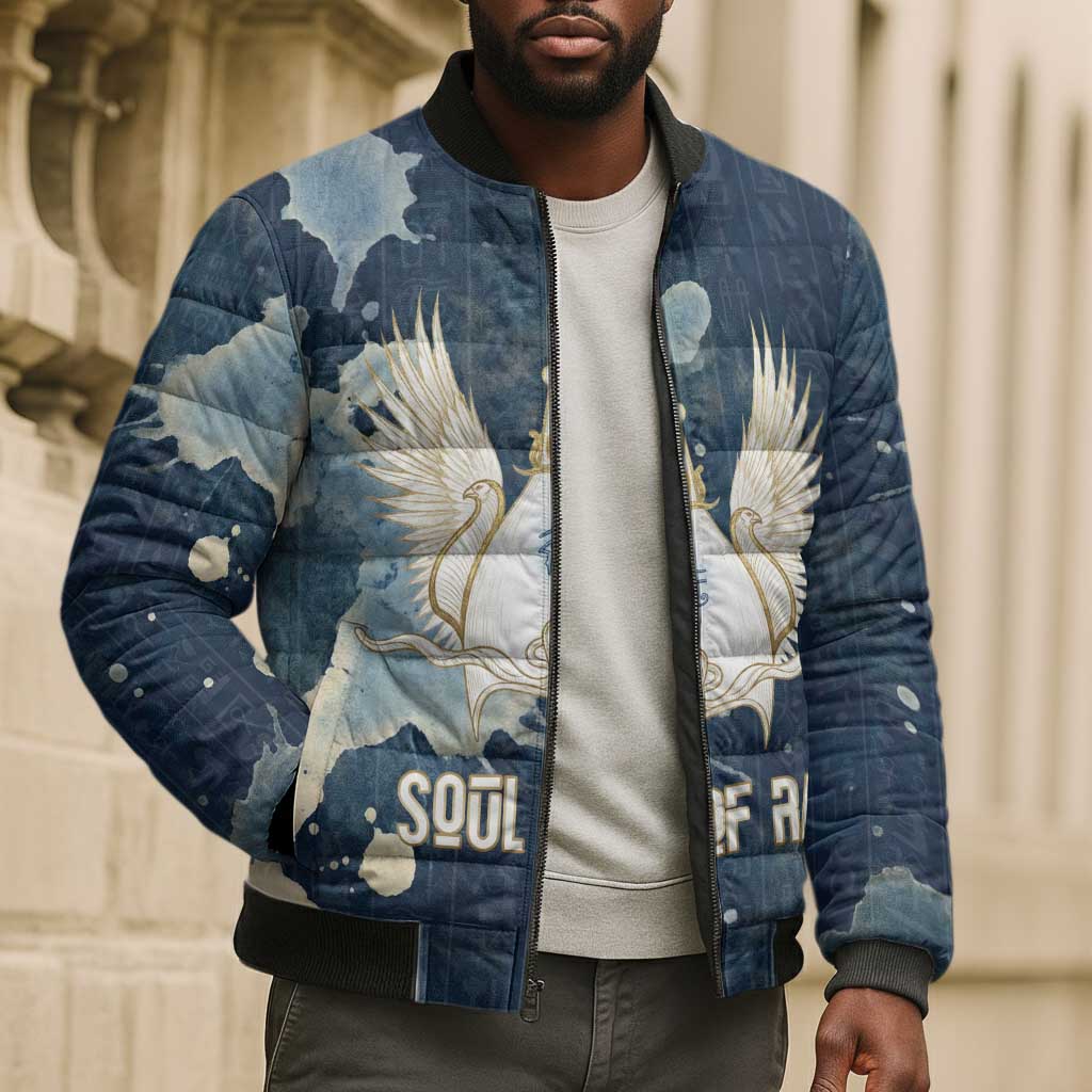 Bennu Ancient Egyptian Bomber Puffer Jacket with Deep Blue Ink Wash, Winged Bennu Bird and Soul of Ra - African Pride