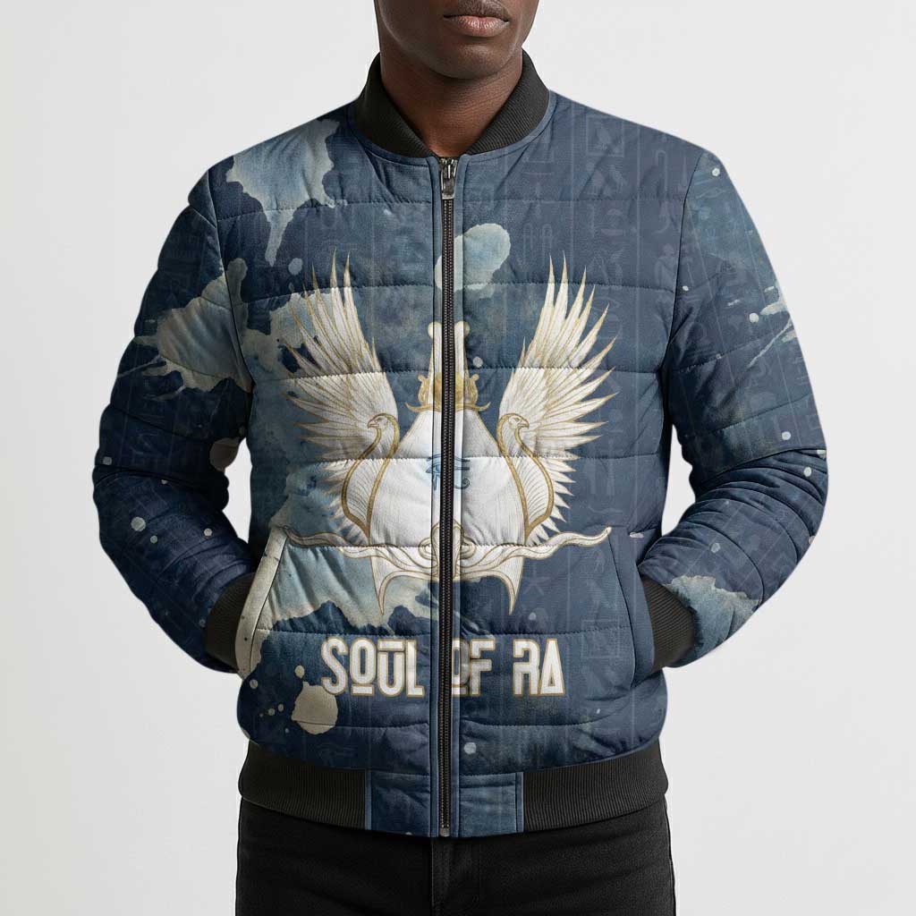 Bennu Ancient Egyptian Bomber Puffer Jacket with Deep Blue Ink Wash, Winged Bennu Bird and Soul of Ra - African Pride