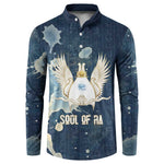 Bennu Ancient Egyptian Button Sweatshirt with Deep Blue Ink Wash, Winged Bennu Bird and Soul of Ra