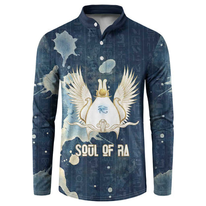 Bennu Ancient Egyptian Button Sweatshirt with Deep Blue Ink Wash, Winged Bennu Bird and Soul of Ra