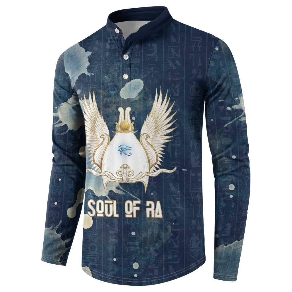 Bennu Ancient Egyptian Button Sweatshirt with Deep Blue Ink Wash, Winged Bennu Bird and Soul of Ra