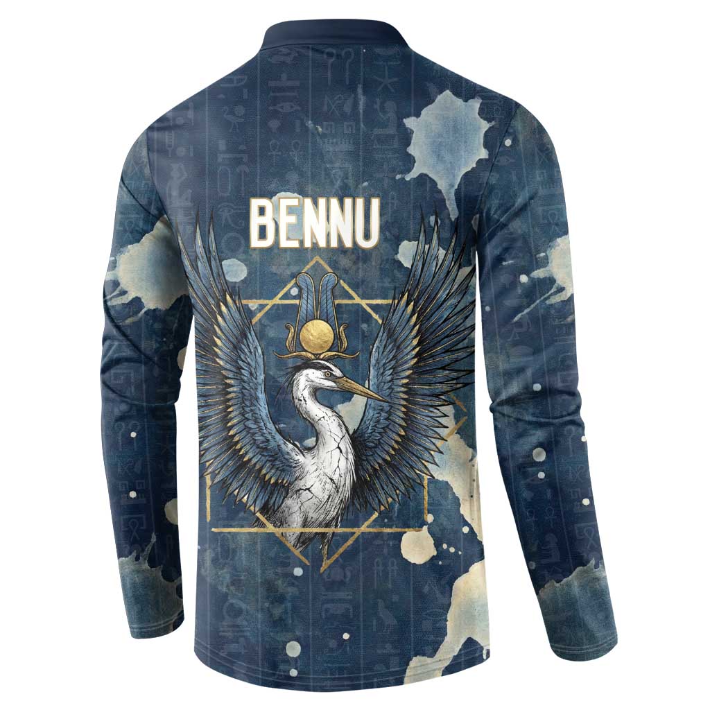Bennu Ancient Egyptian Button Sweatshirt with Deep Blue Ink Wash, Winged Bennu Bird and Soul of Ra