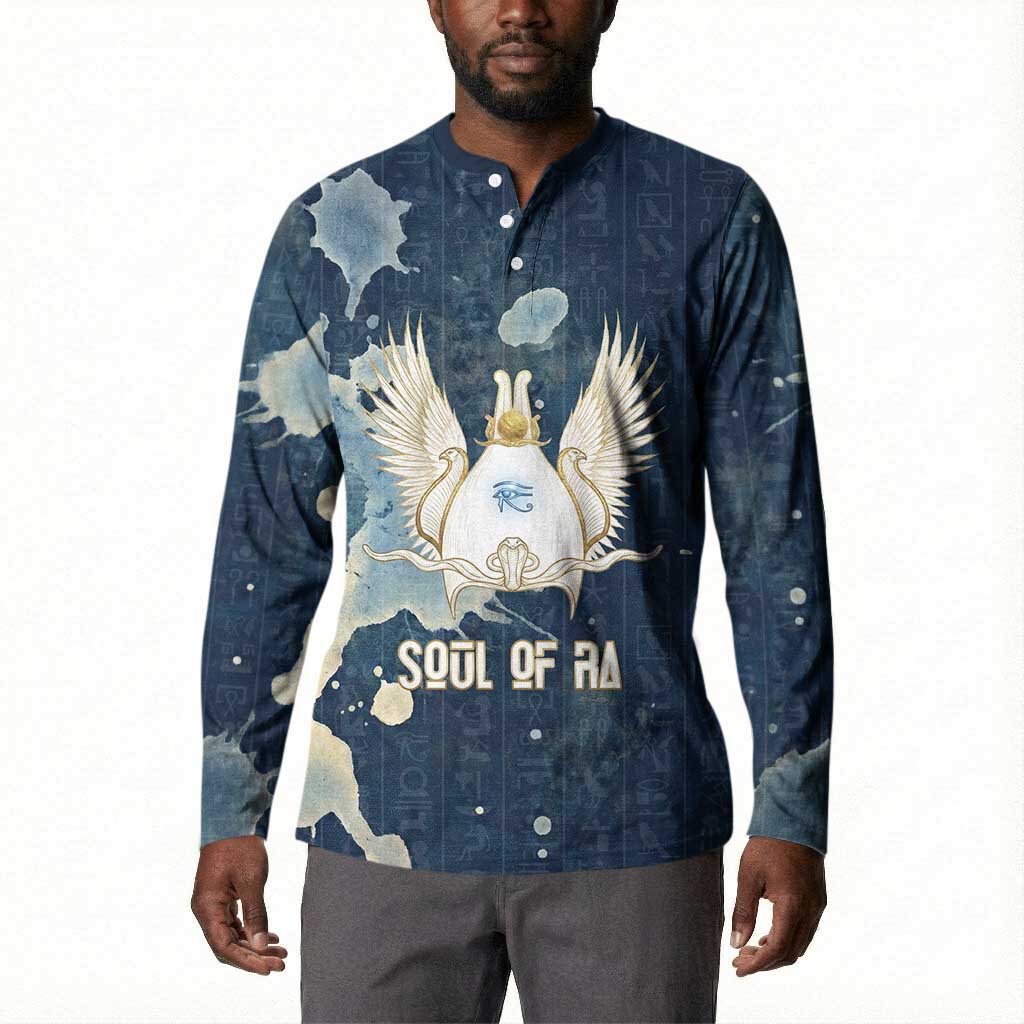 Bennu Ancient Egyptian Button Sweatshirt with Deep Blue Ink Wash, Winged Bennu Bird and Soul of Ra
