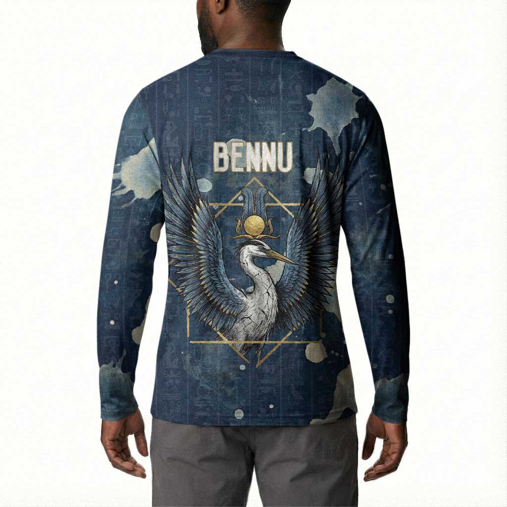 Bennu Ancient Egyptian Button Sweatshirt with Deep Blue Ink Wash, Winged Bennu Bird and Soul of Ra
