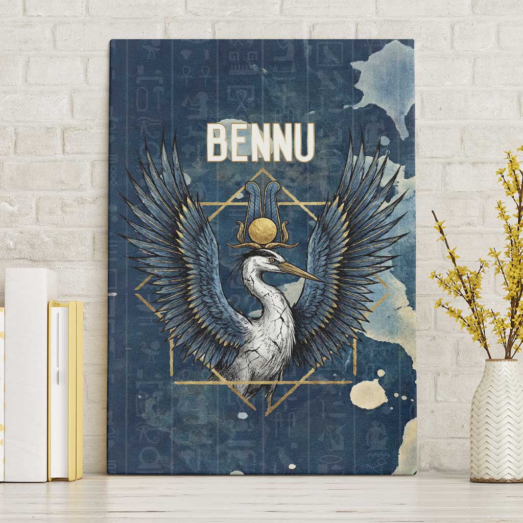 Bennu Ancient Egyptian Canvas Wall Art with Deep Blue Ink Wash, Winged Bennu Bird and Soul of Ra - African Pride