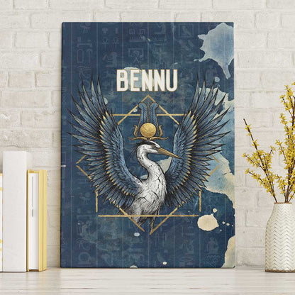 Bennu Ancient Egyptian Canvas Wall Art with Deep Blue Ink Wash, Winged Bennu Bird and Soul of Ra - African Pride