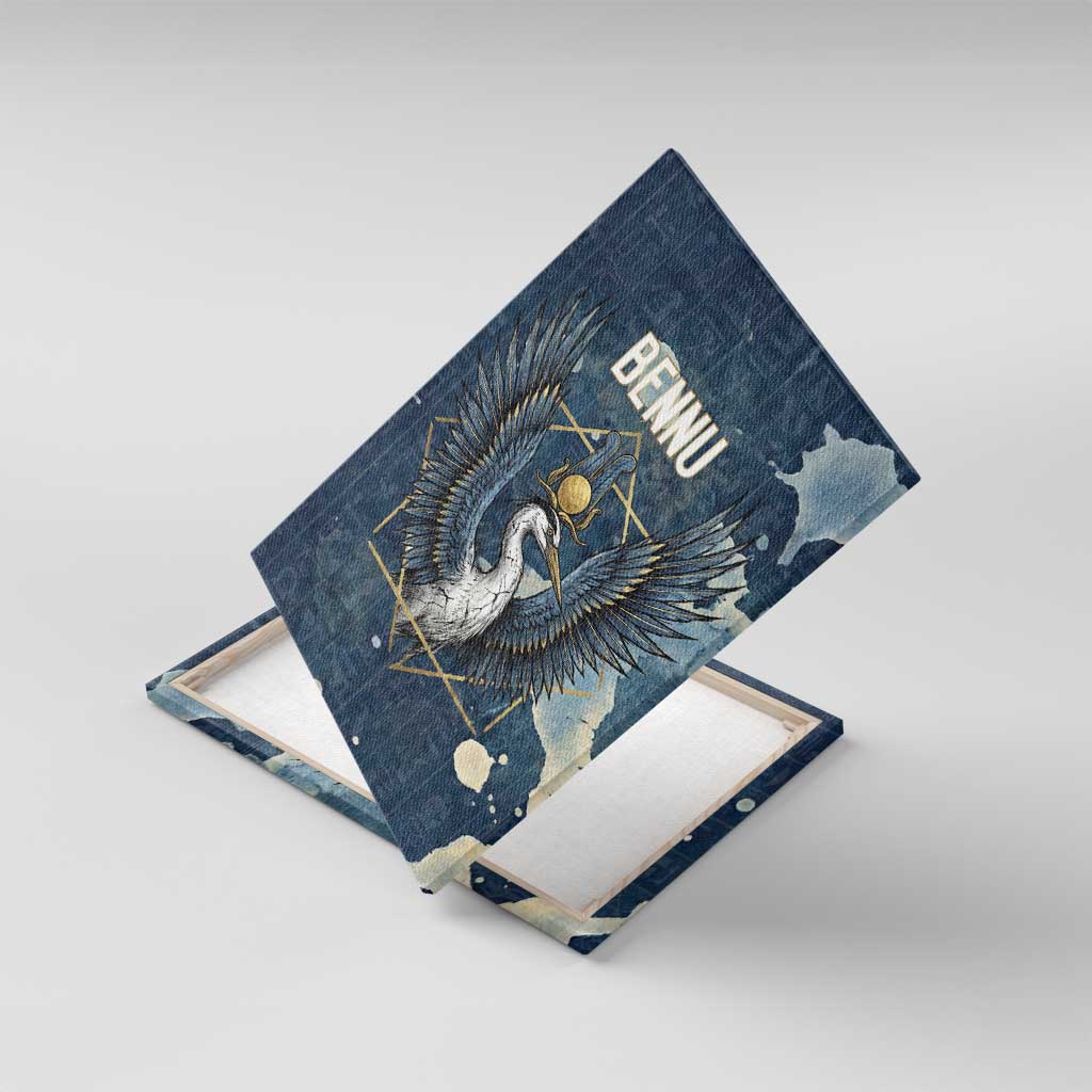 Bennu Ancient Egyptian Canvas Wall Art with Deep Blue Ink Wash, Winged Bennu Bird and Soul of Ra - African Pride