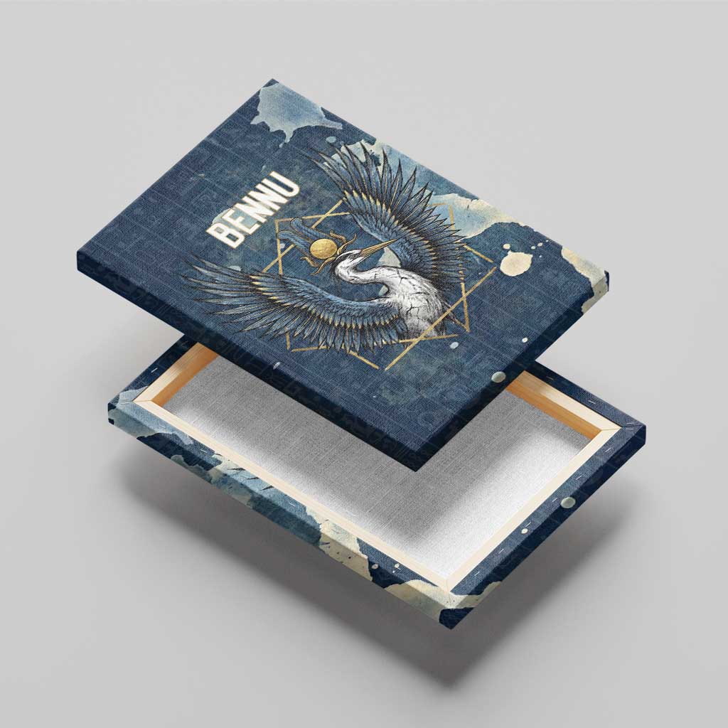 Bennu Ancient Egyptian Canvas Wall Art with Deep Blue Ink Wash, Winged Bennu Bird and Soul of Ra - African Pride