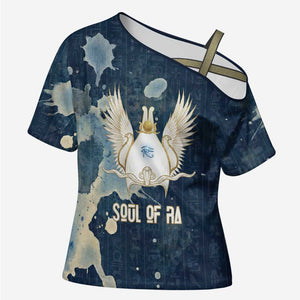 Bennu Ancient Egyptian Cross Shoulder Shirt with Deep Blue Ink Wash, Winged Bennu Bird and Soul of Ra - African Pride