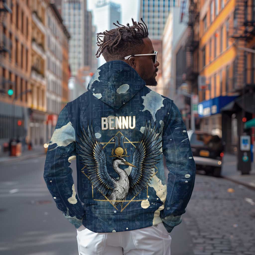Bennu Ancient Egyptian Hoodie with Deep Blue Ink Wash, Winged Bennu Bird and Soul of Ra - African Pride