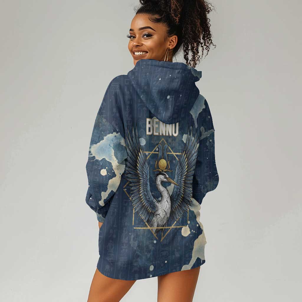 Bennu Ancient Egyptian Hoodie Dress with Deep Blue Ink Wash, Winged Bennu Bird and Soul of Ra - African Pride