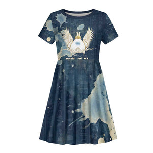 Bennu Ancient Egyptian Kid Short Sleeve Dress with Deep Blue Ink Wash, Winged Bennu Bird and Soul of Ra - African Pride