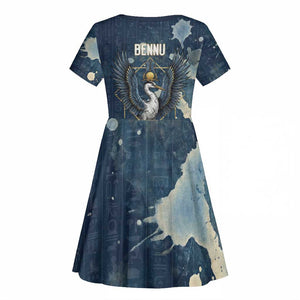 Bennu Ancient Egyptian Kid Short Sleeve Dress with Deep Blue Ink Wash, Winged Bennu Bird and Soul of Ra - African Pride