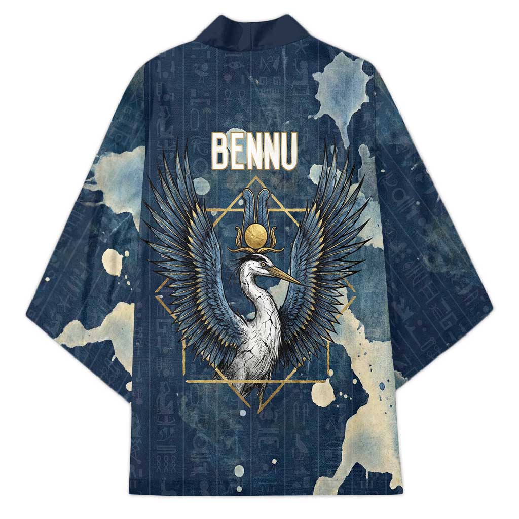 Bennu Ancient Egyptian Kimono with Deep Blue Ink Wash, Winged Bennu Bird and Soul of Ra - African Pride