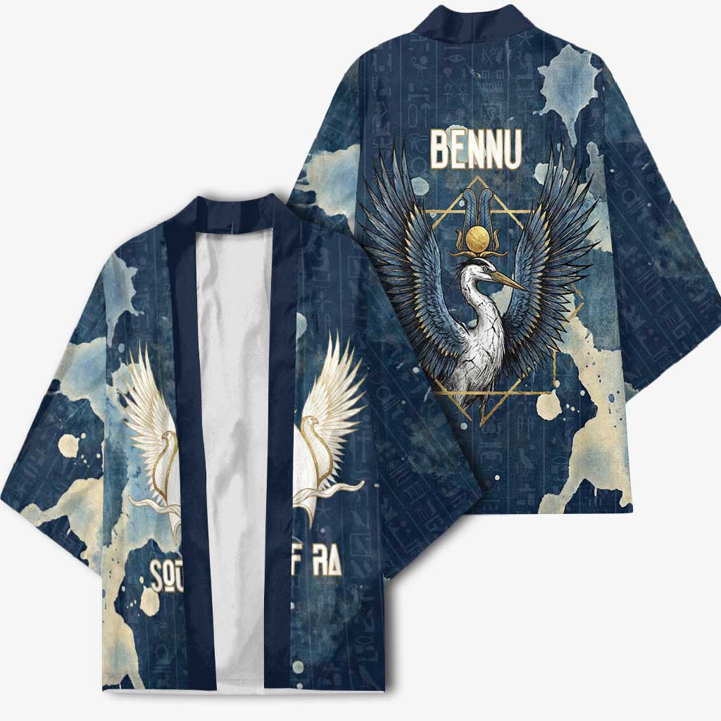 Bennu Ancient Egyptian Kimono with Deep Blue Ink Wash, Winged Bennu Bird and Soul of Ra - African Pride