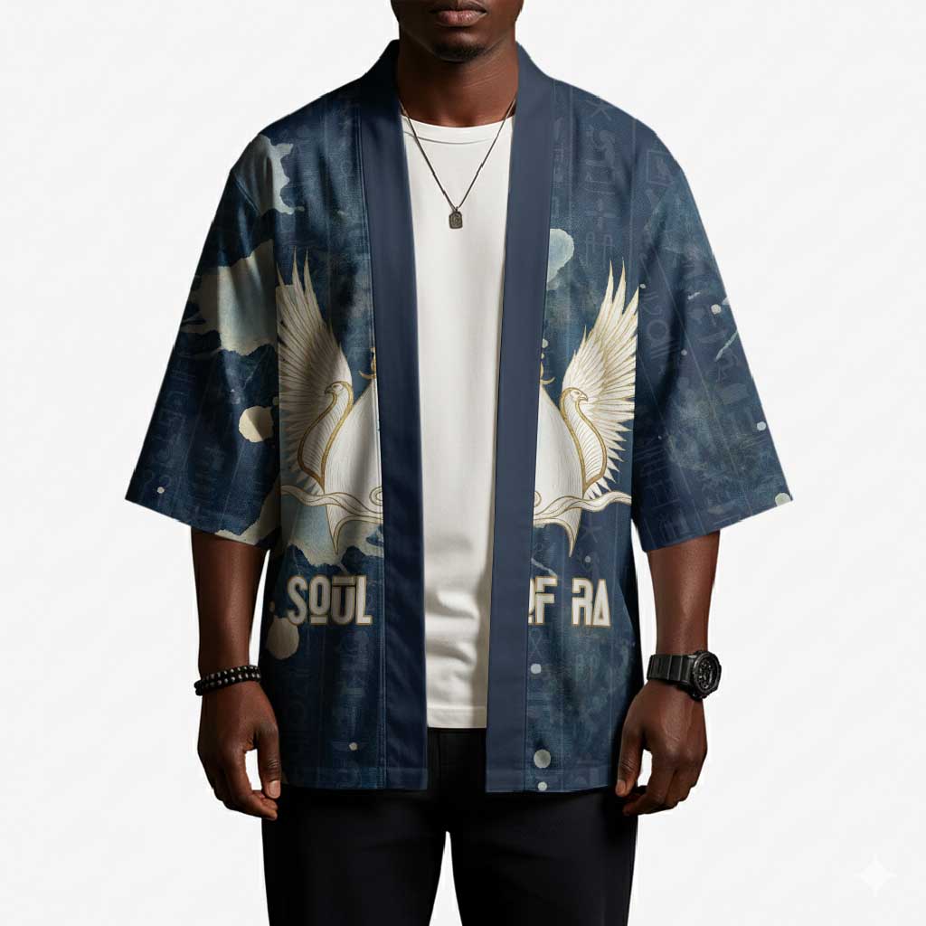 Bennu Ancient Egyptian Kimono with Deep Blue Ink Wash, Winged Bennu Bird and Soul of Ra - African Pride