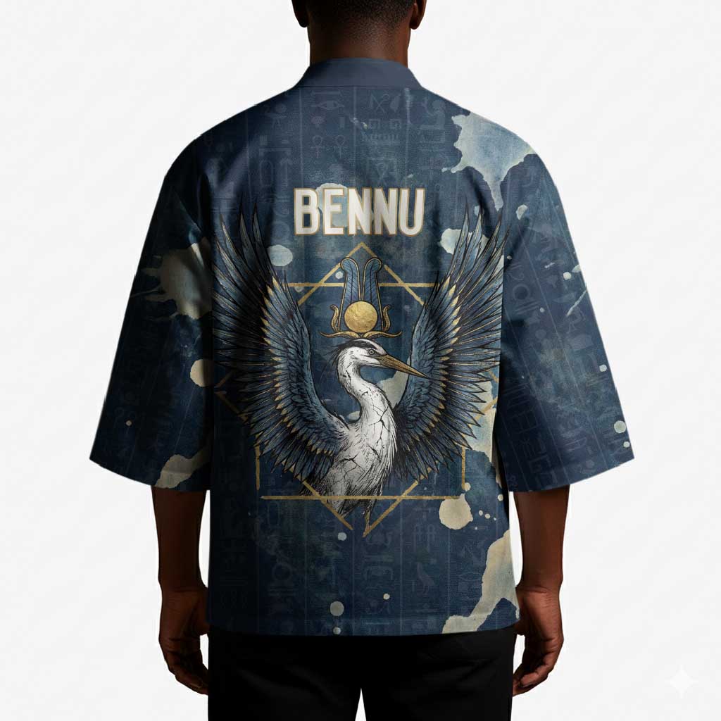 Bennu Ancient Egyptian Kimono with Deep Blue Ink Wash, Winged Bennu Bird and Soul of Ra - African Pride