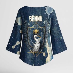 Bennu Ancient Egyptian Kimono Sleeve Blouse with Deep Blue Ink Wash, Winged Bennu Bird and Soul of Ra - African Pride