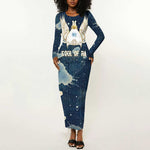 Bennu Ancient Egyptian Long Sleeve Bodycon Dress with Deep Blue Ink Wash, Winged Bennu Bird and Soul of Ra - African Pride