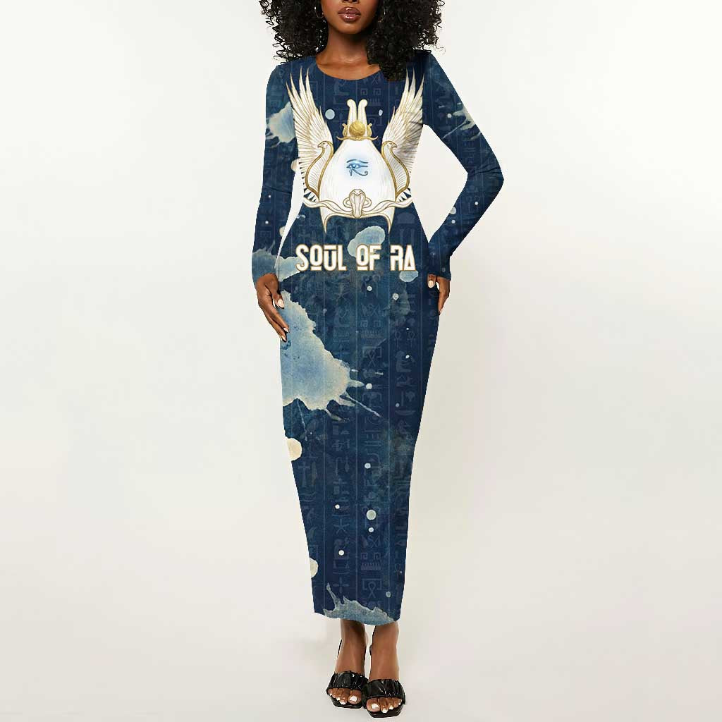Bennu Ancient Egyptian Long Sleeve Bodycon Dress with Deep Blue Ink Wash, Winged Bennu Bird and Soul of Ra - African Pride