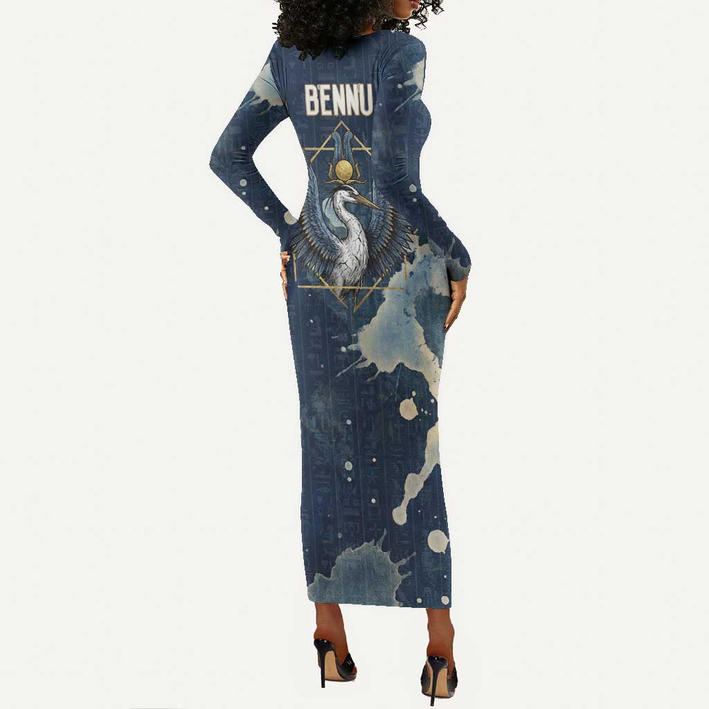 Bennu Ancient Egyptian Long Sleeve Bodycon Dress with Deep Blue Ink Wash, Winged Bennu Bird and Soul of Ra - African Pride