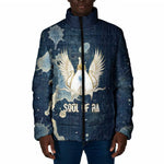 Bennu Ancient Egyptian Padded Jacket with Deep Blue Ink Wash, Winged Bennu Bird and Soul of Ra - African Pride