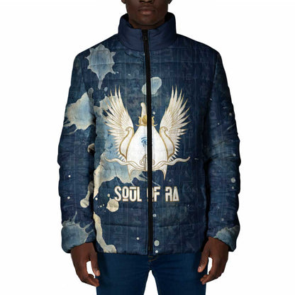 Bennu Ancient Egyptian Padded Jacket with Deep Blue Ink Wash, Winged Bennu Bird and Soul of Ra - African Pride