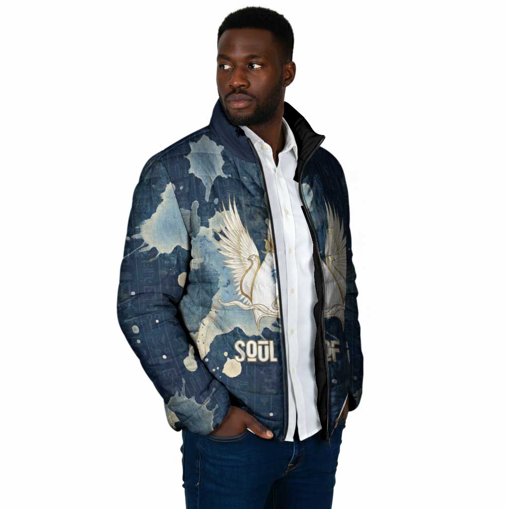 Bennu Ancient Egyptian Padded Jacket with Deep Blue Ink Wash, Winged Bennu Bird and Soul of Ra - African Pride