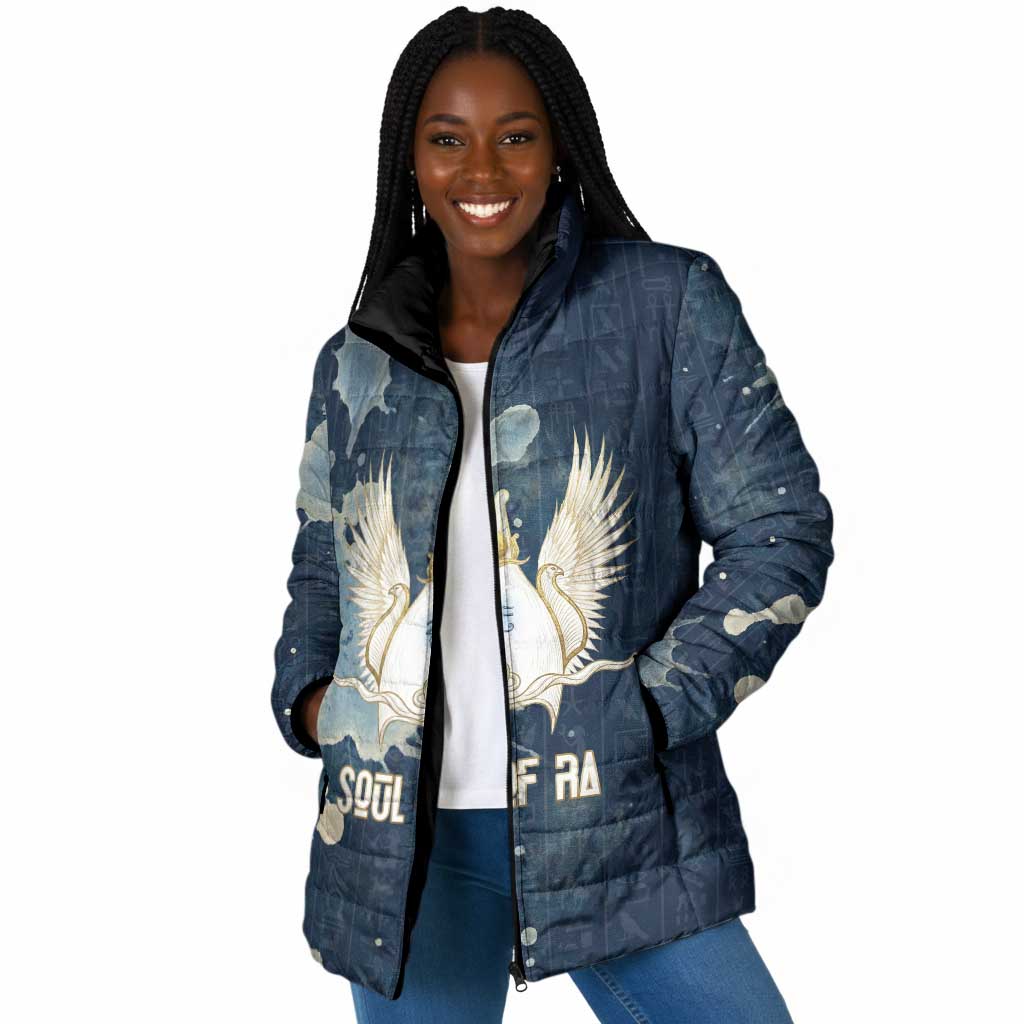 Bennu Ancient Egyptian Padded Jacket with Deep Blue Ink Wash, Winged Bennu Bird and Soul of Ra - African Pride