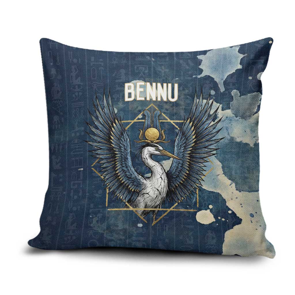 Bennu Ancient Egyptian Pillow Cover with Deep Blue Ink Wash, Winged Bennu Bird and Soul of Ra - African Pride