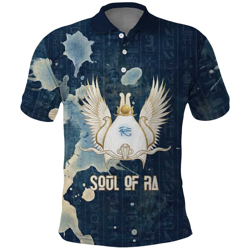 Bennu Ancient Egyptian Polo Shirt with Deep Blue Ink Wash, Winged Bennu Bird and Soul of Ra - African Pride