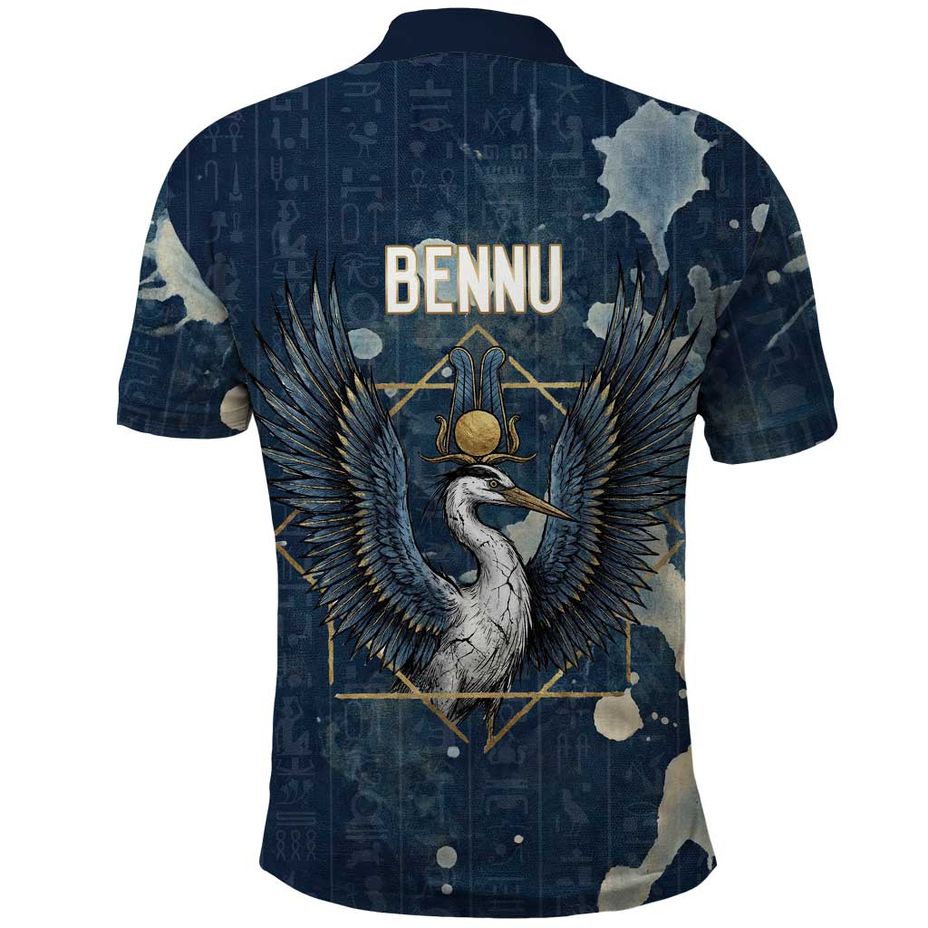 Bennu Ancient Egyptian Polo Shirt with Deep Blue Ink Wash, Winged Bennu Bird and Soul of Ra - African Pride