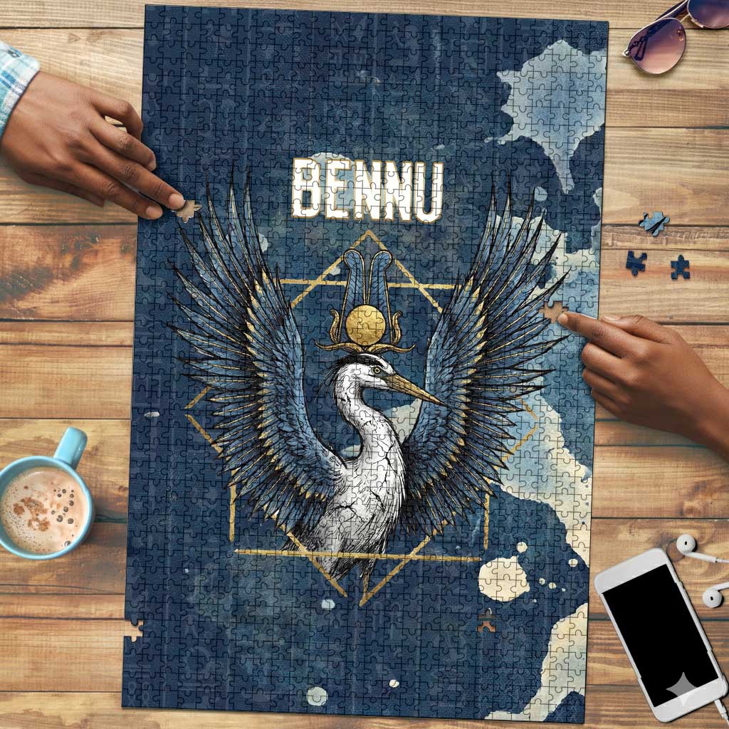 Bennu Ancient Egyptian Puzzle with Deep Blue Ink Wash, Winged Bennu Bird and Soul of Ra - African Pride