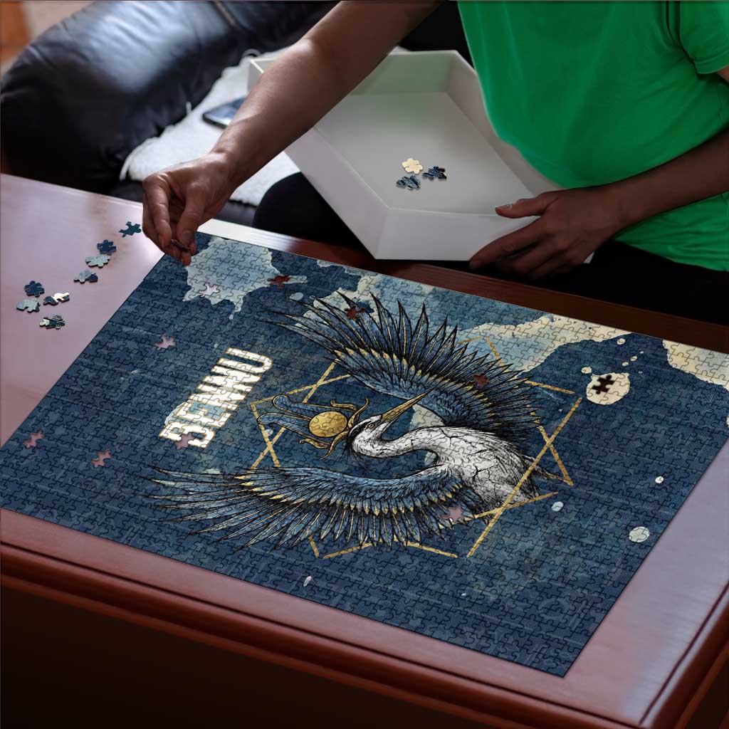 Bennu Ancient Egyptian Puzzle with Deep Blue Ink Wash, Winged Bennu Bird and Soul of Ra - African Pride