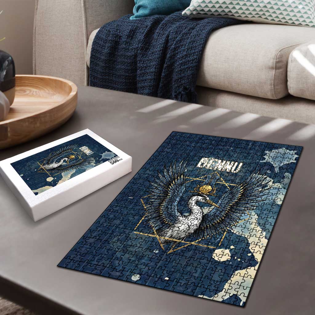 Bennu Ancient Egyptian Puzzle with Deep Blue Ink Wash, Winged Bennu Bird and Soul of Ra - African Pride