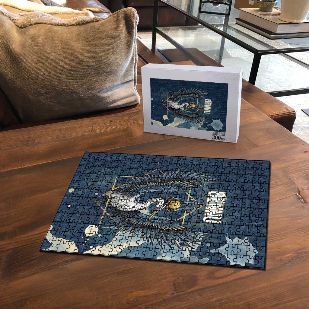 Bennu Ancient Egyptian Puzzle with Deep Blue Ink Wash, Winged Bennu Bird and Soul of Ra - African Pride