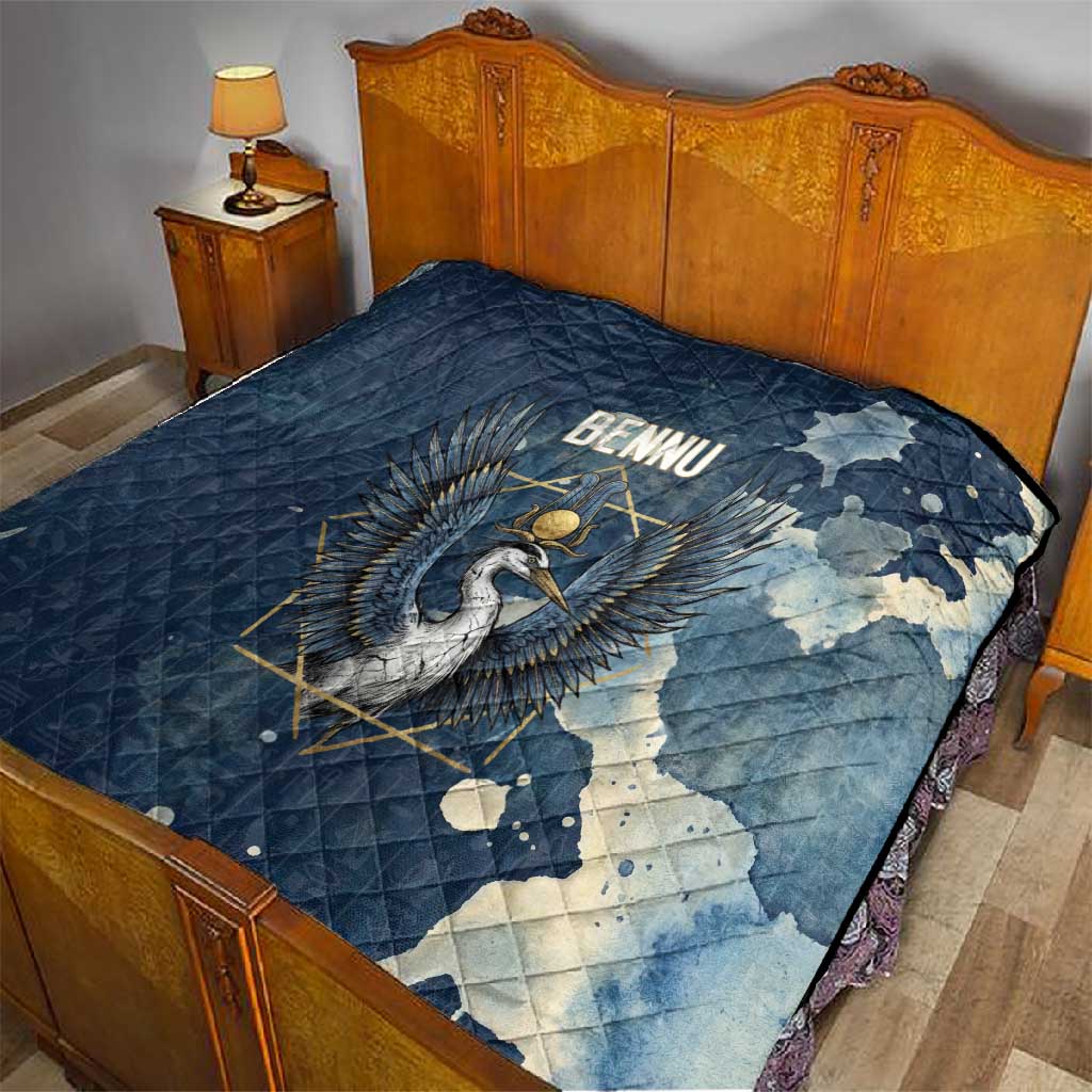 Bennu Ancient Egyptian Quilt with Deep Blue Ink Wash, Winged Bennu Bird and Soul of Ra - African Pride