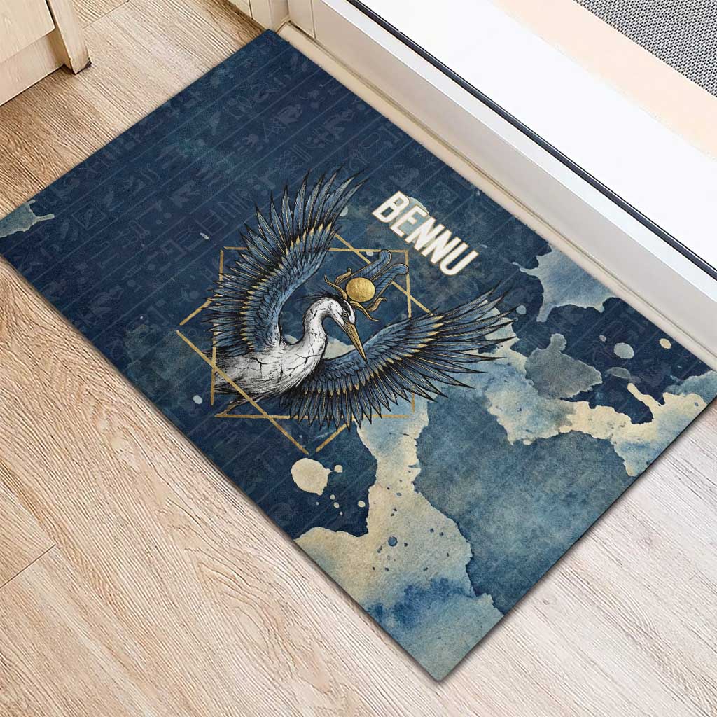 Bennu Ancient Egyptian Rubber Doormat with Deep Blue Ink Wash, Winged Bennu Bird and Soul of Ra - African Pride