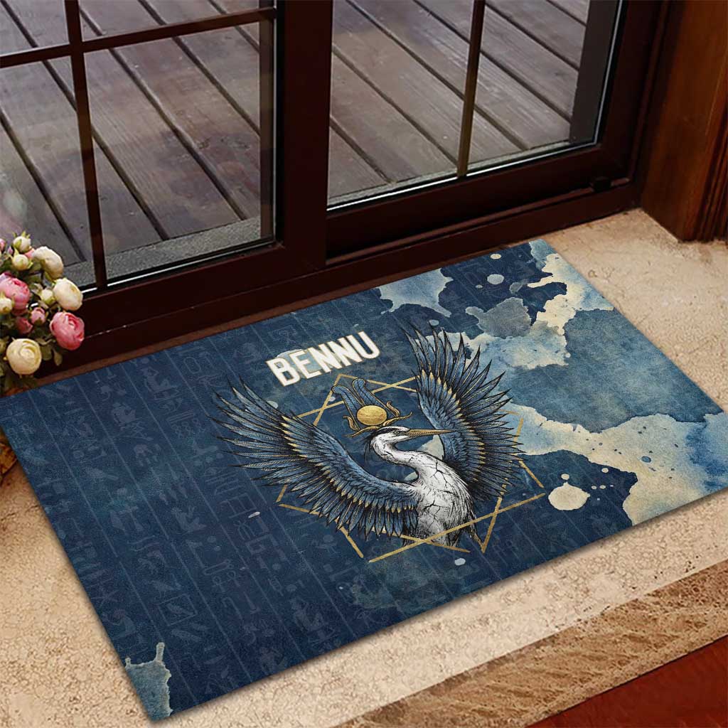 Bennu Ancient Egyptian Rubber Doormat with Deep Blue Ink Wash, Winged Bennu Bird and Soul of Ra - African Pride
