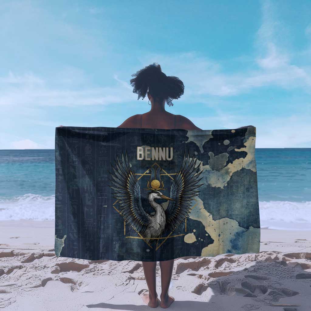Bennu Ancient Egyptian Sarong with Deep Blue Ink Wash, Winged Bennu Bird and Soul of Ra - African Pride