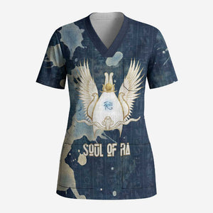 Bennu Ancient Egyptian Scrub Top with Deep Blue Ink Wash, Winged Bennu Bird and Soul of Ra - African Pride