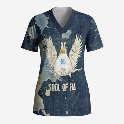Bennu Ancient Egyptian Scrub Top with Deep Blue Ink Wash, Winged Bennu Bird and Soul of Ra - African Pride