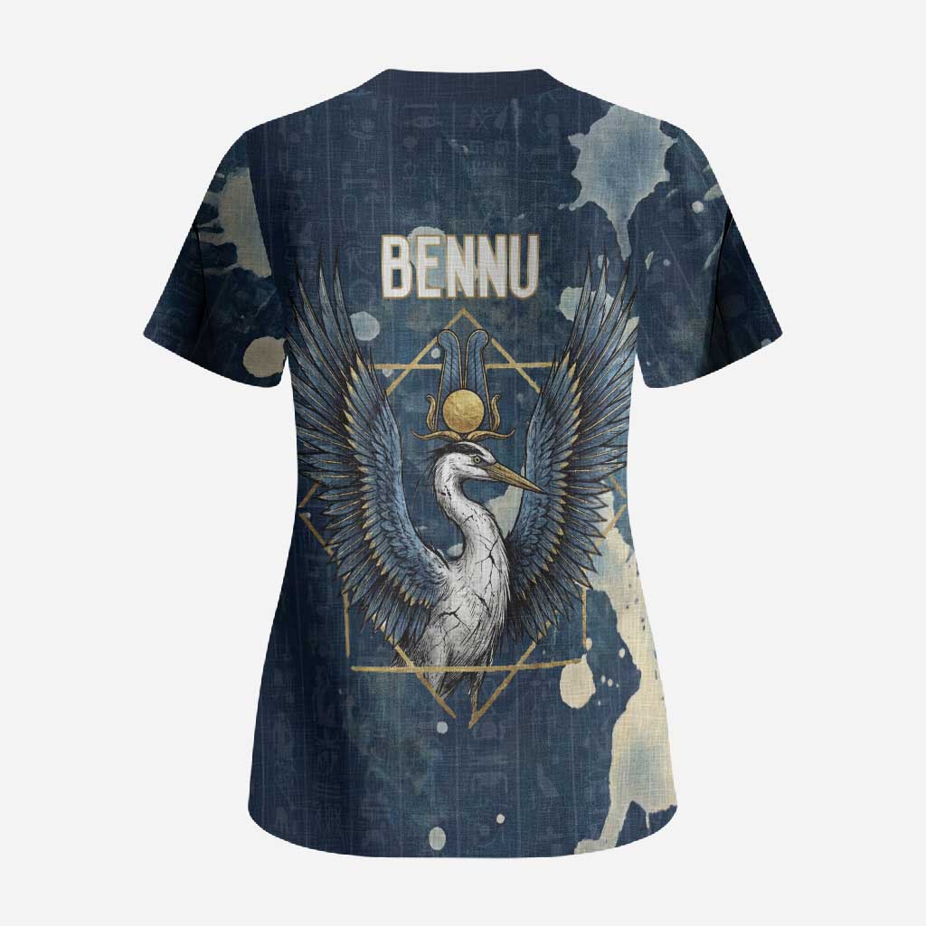 Bennu Ancient Egyptian Scrub Top with Deep Blue Ink Wash, Winged Bennu Bird and Soul of Ra - African Pride