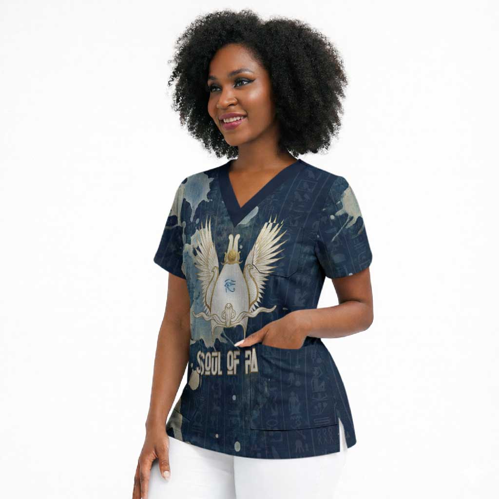 Bennu Ancient Egyptian Scrub Top with Deep Blue Ink Wash, Winged Bennu Bird and Soul of Ra - African Pride