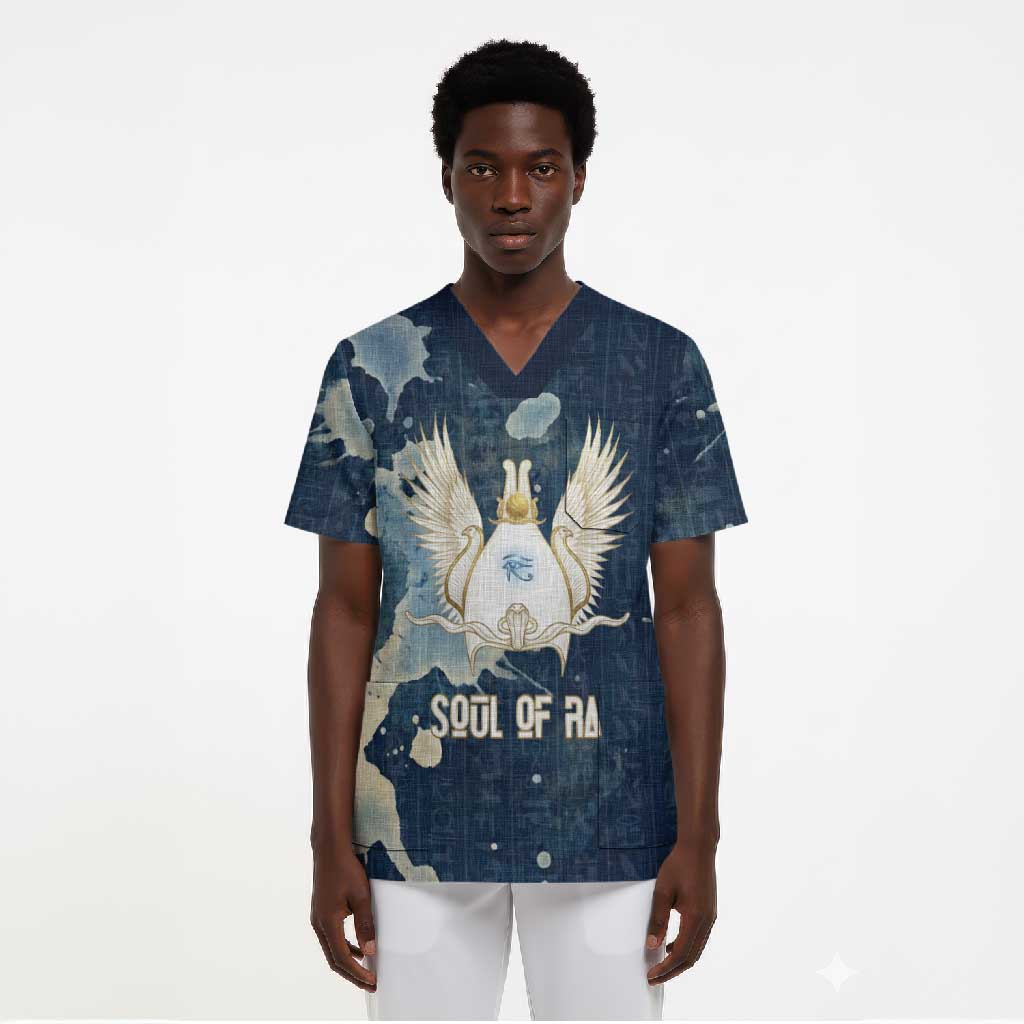 Bennu Ancient Egyptian Scrub Top with Deep Blue Ink Wash, Winged Bennu Bird and Soul of Ra - African Pride