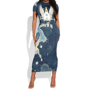 Bennu Ancient Egyptian Short Sleeve Bodycon Dress with Deep Blue Ink Wash, Winged Bennu Bird and Soul of Ra - African Pride