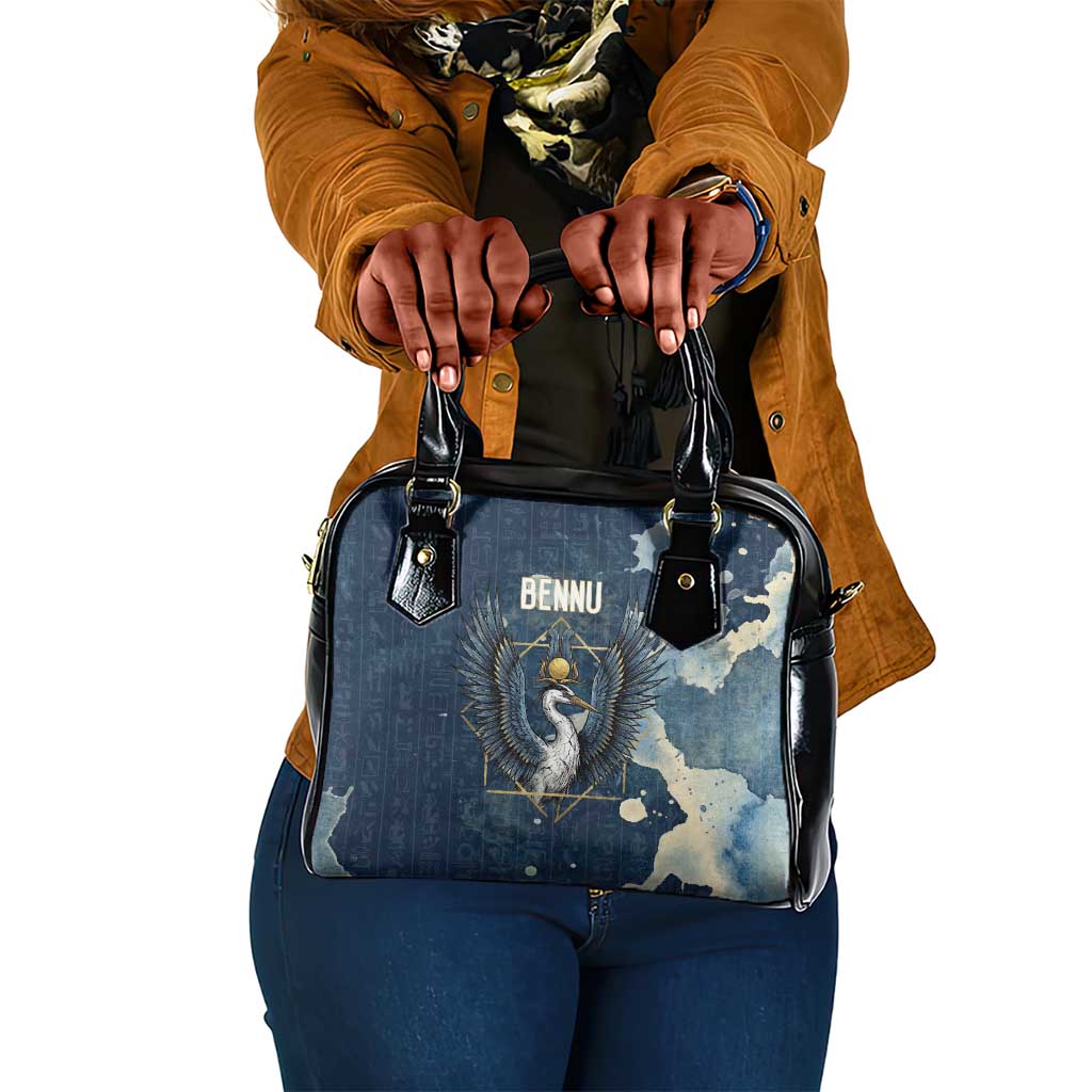 Bennu Ancient Egyptian Shoulder Handbag with Deep Blue Ink Wash, Winged Bennu Bird and Soul of Ra - African Pride