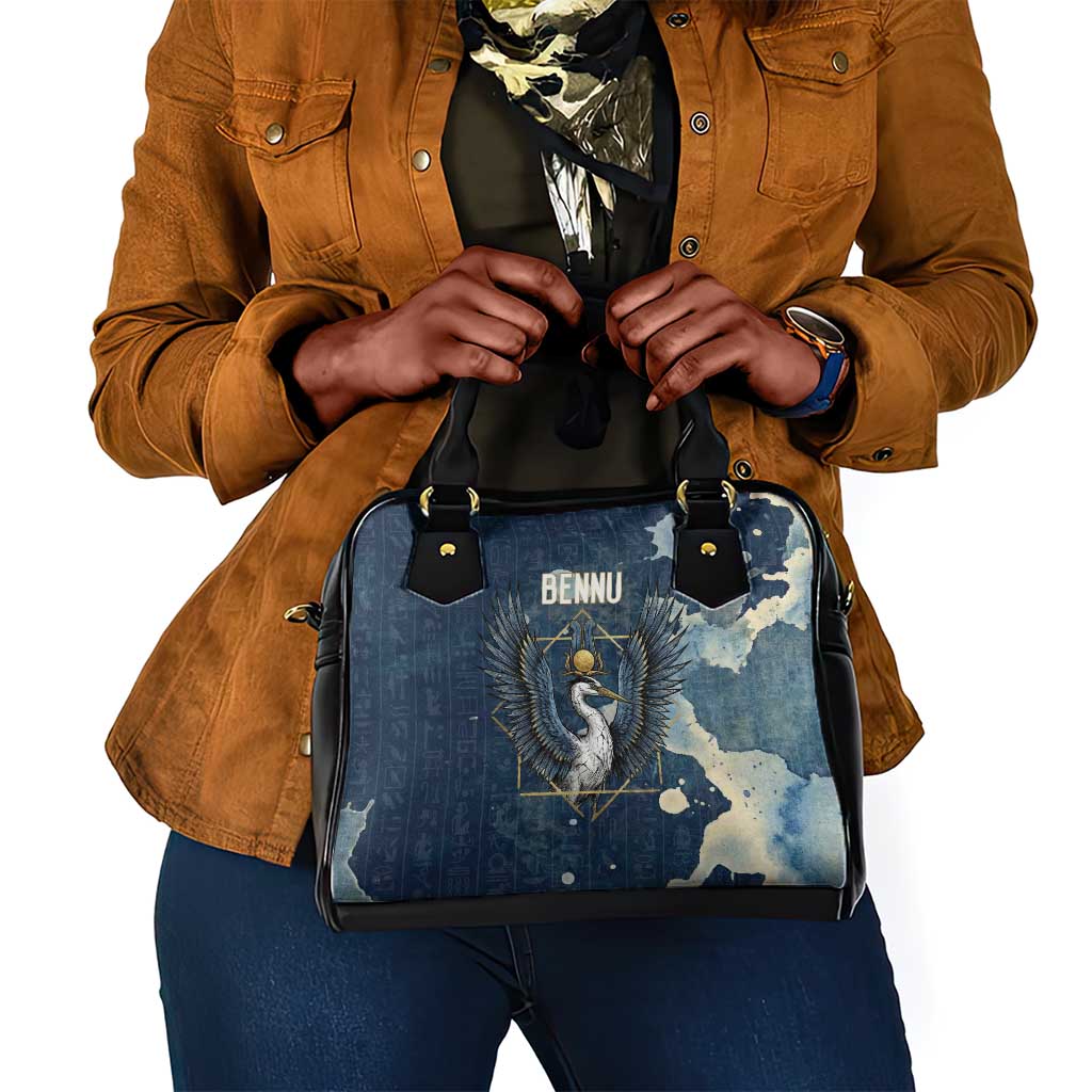 Bennu Ancient Egyptian Shoulder Handbag with Deep Blue Ink Wash, Winged Bennu Bird and Soul of Ra - African Pride