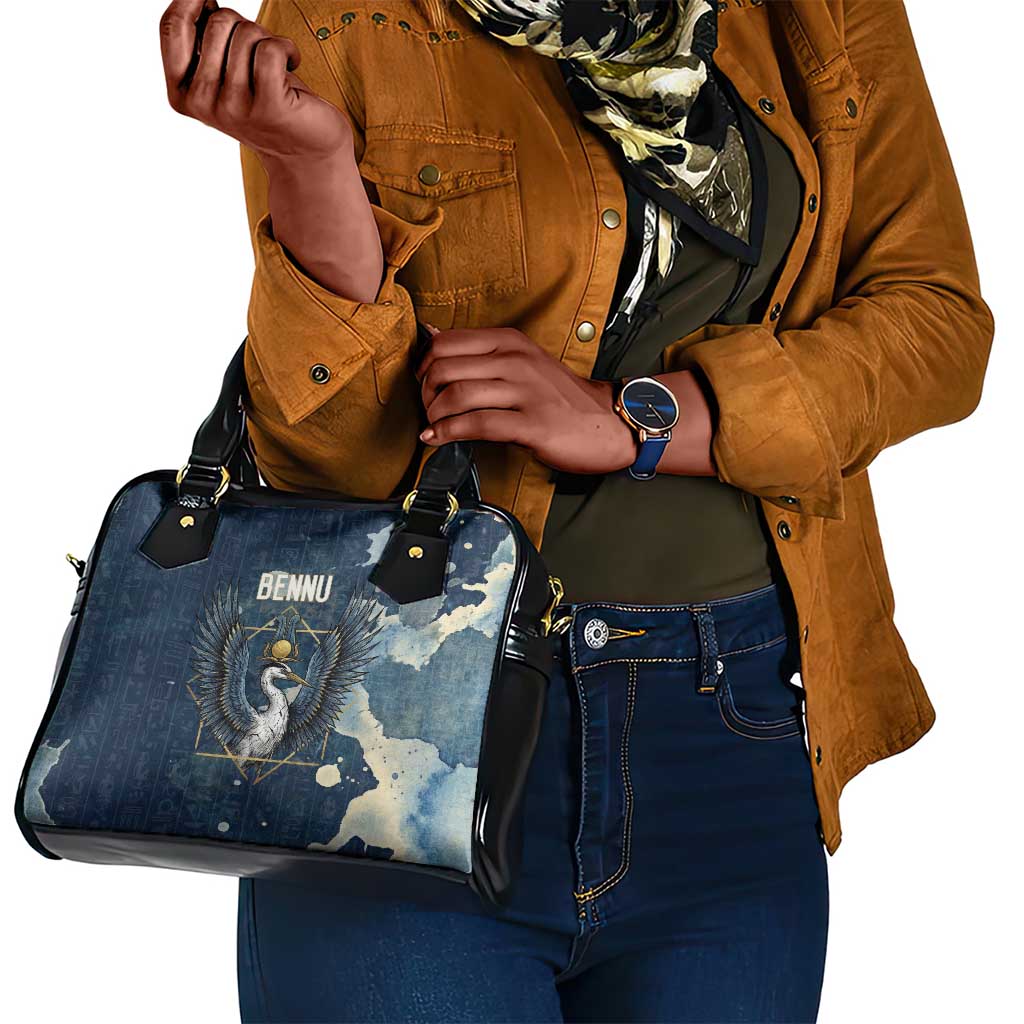 Bennu Ancient Egyptian Shoulder Handbag with Deep Blue Ink Wash, Winged Bennu Bird and Soul of Ra - African Pride